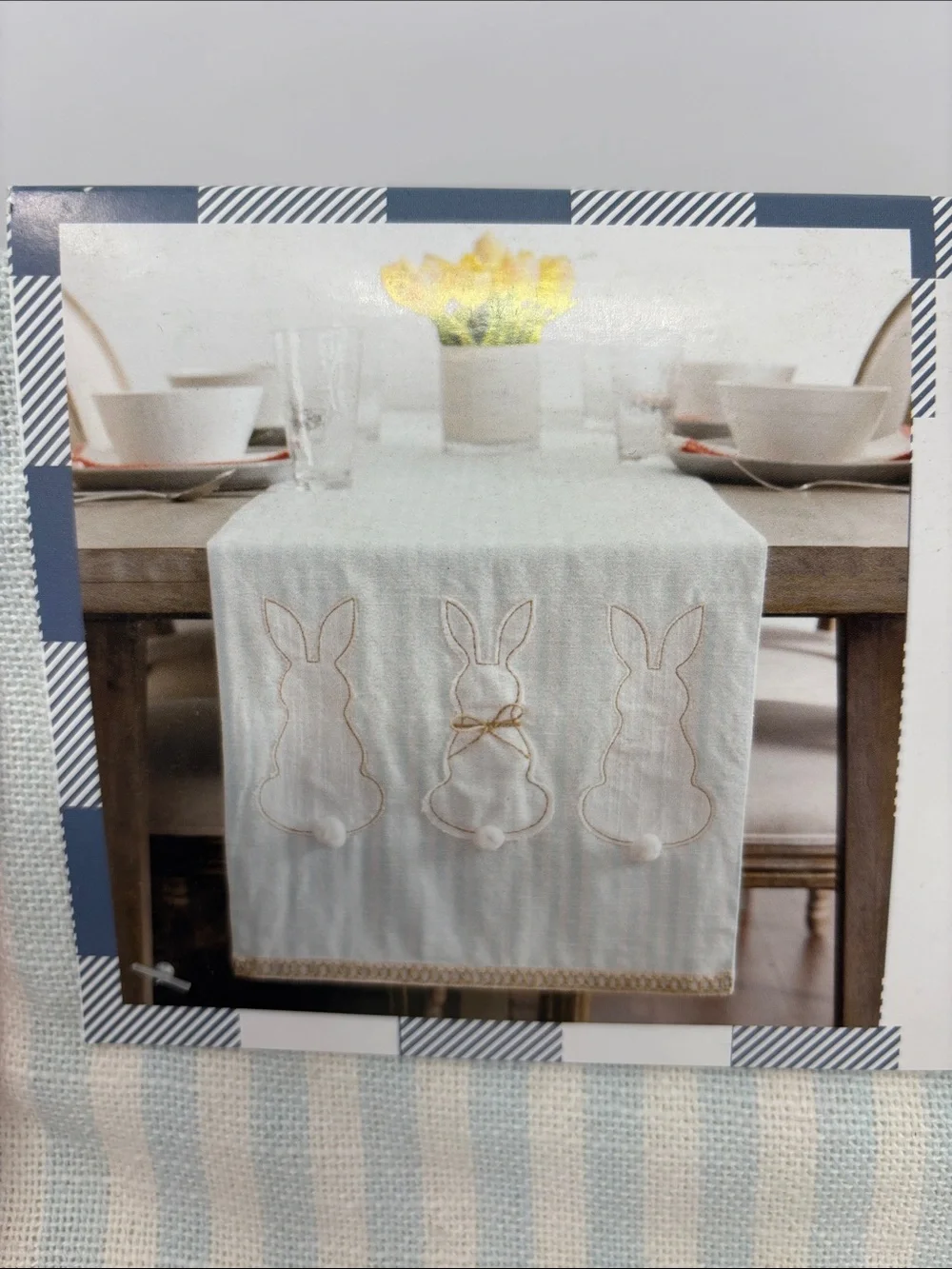 New Kirkland's | Cream & Light Blue Striped Bunny Table Runner 16x80